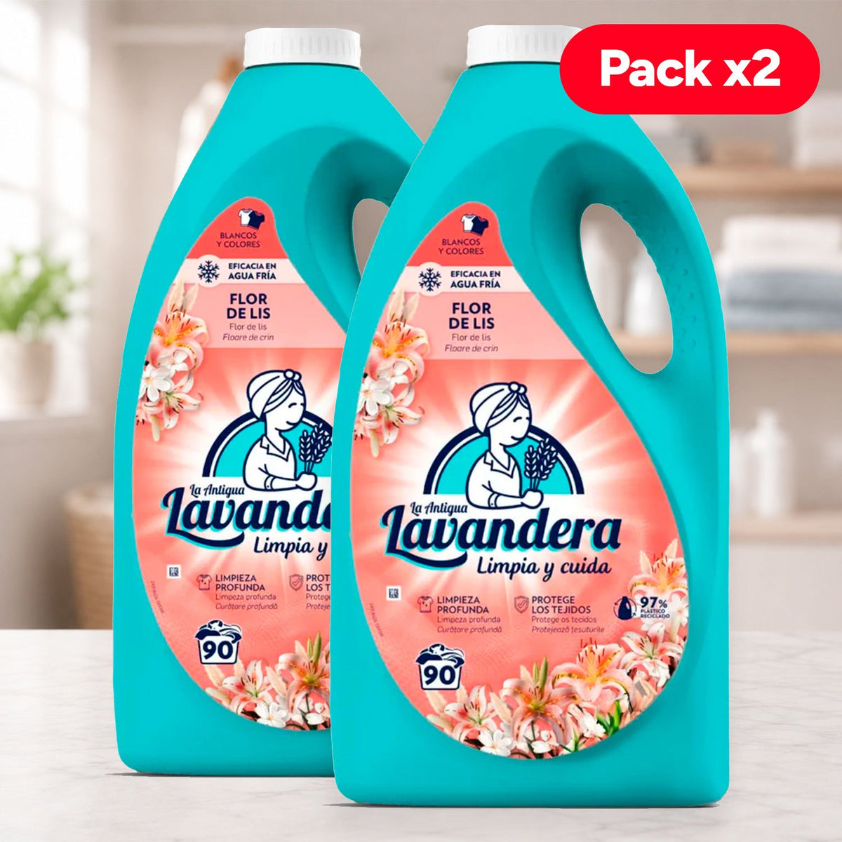 La Antigua Lavandera Detergente Líquido para Ropa, Aroma Flor de Lis, Pack de 2 Botellas de 90 Lavados Cada Una, 180 Lavados en Total