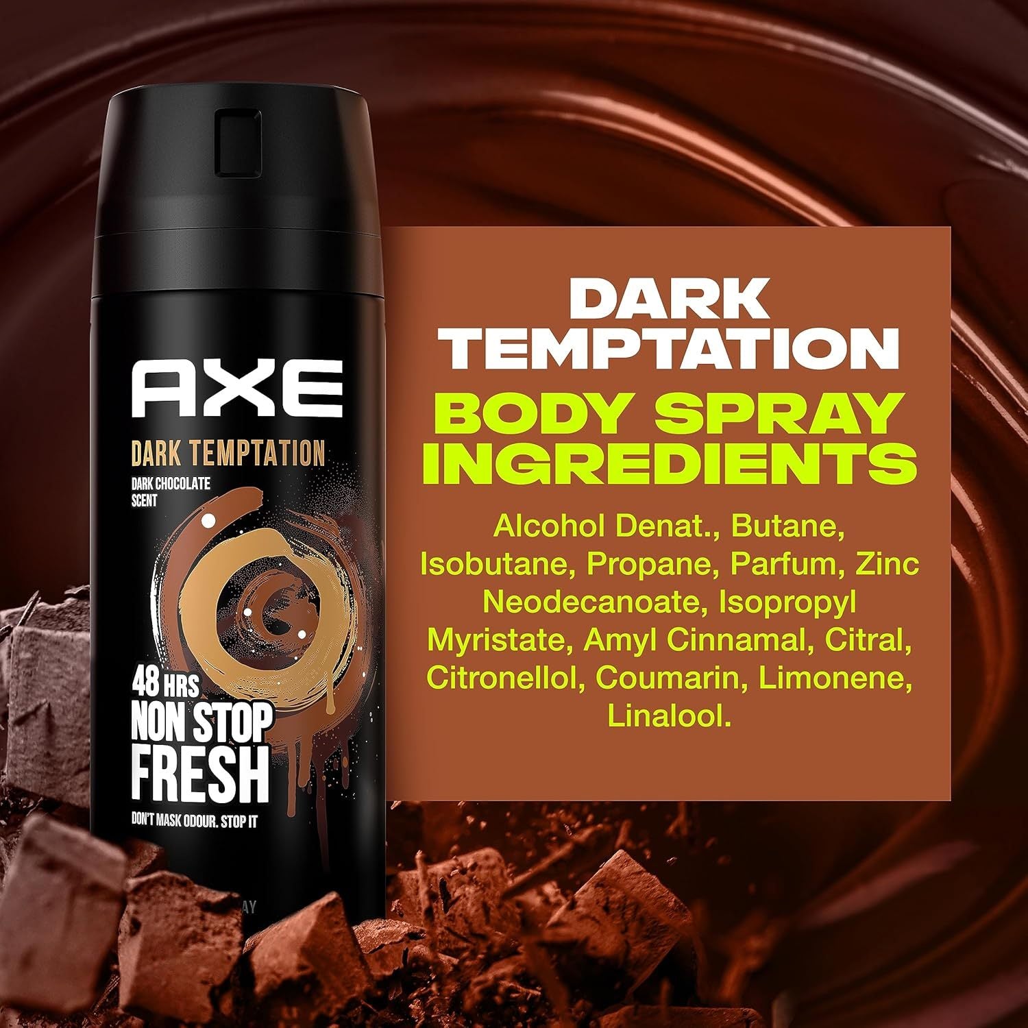 Axe Desodorante Spray Antitranspirante Dark Temptation, Aroma a Chocolate Negro​, Olor Irresistible durante 48 horas, 150ml por Spray
