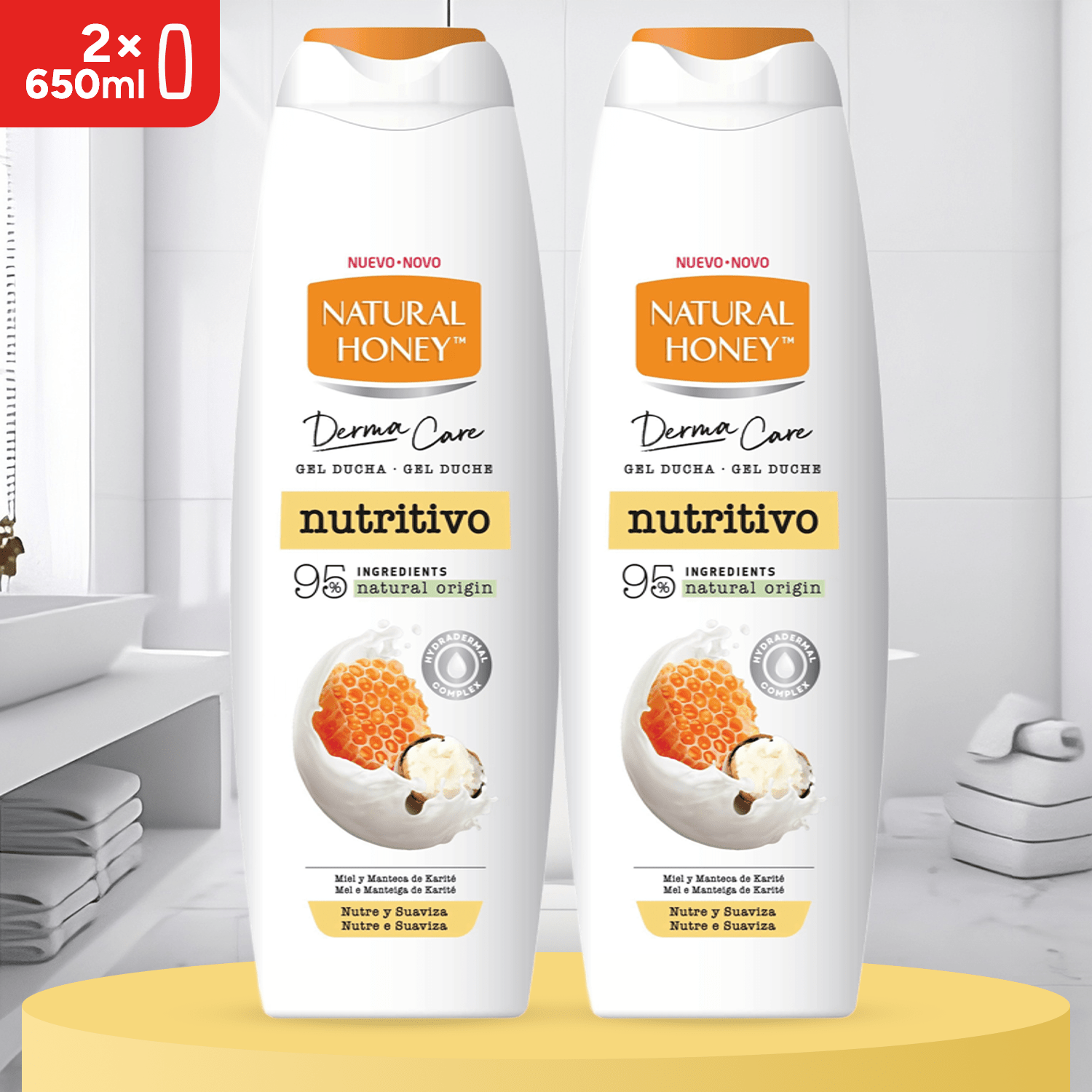 Natural Honey, Gel de Ducha Hidratante con Extracto de Miel y Manteca de Karité, Nutre y Suaviza para una Piel Suave, Fresca y Protegida, Línea Derma Care, 650 ml