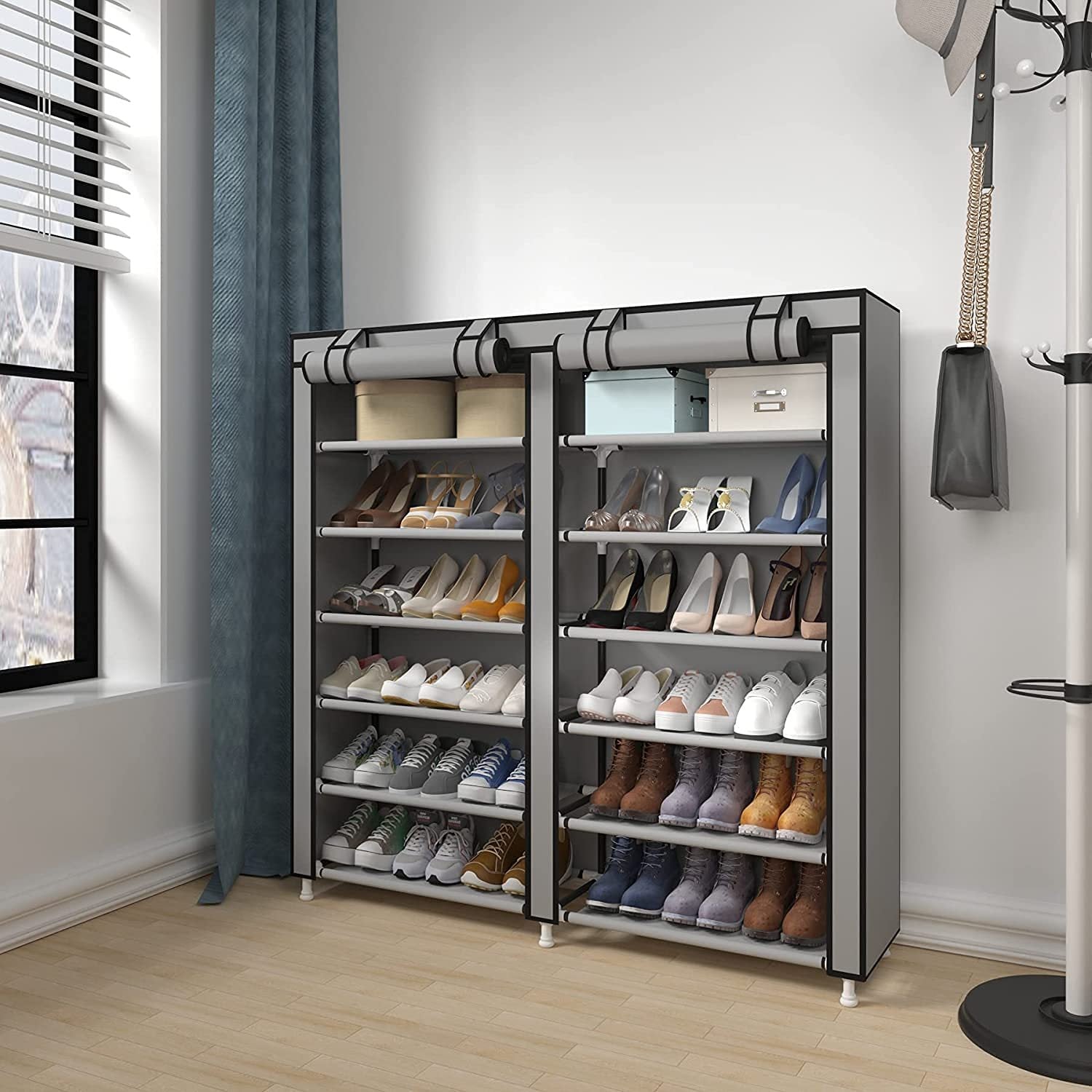 Zapatero Estante de Tela con Cubierta Frontal, Organizador de Zapatos Color Marrón Ideal para Optimizar Espacio