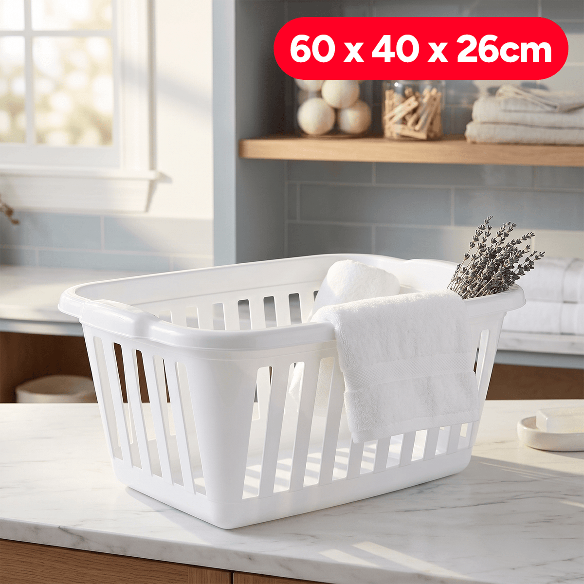 Cesta para la Ropa Rectangular, Ideal para Transportar y Guardar la Ropa de la Colada, Fabricada en Plástico muy Resistente, con 2 Asas en los Laterales para Llevar Cómodamente, 60 x 40 x 26cm