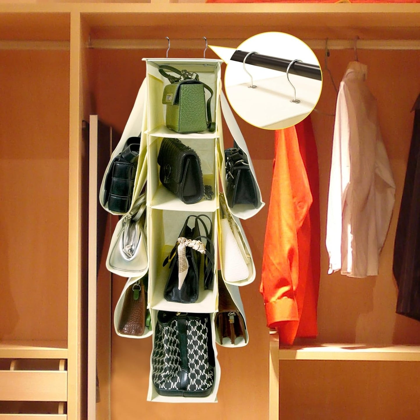 Organizador Armario Ropa, Organizador Bolsos de 18 x 36 x 80 cm, 2 Enganches Metálicos para Colgar, Compartimentos de Gran Capacidad, 4 Compartimentos Centrales, 6 Compartimentos Laterales