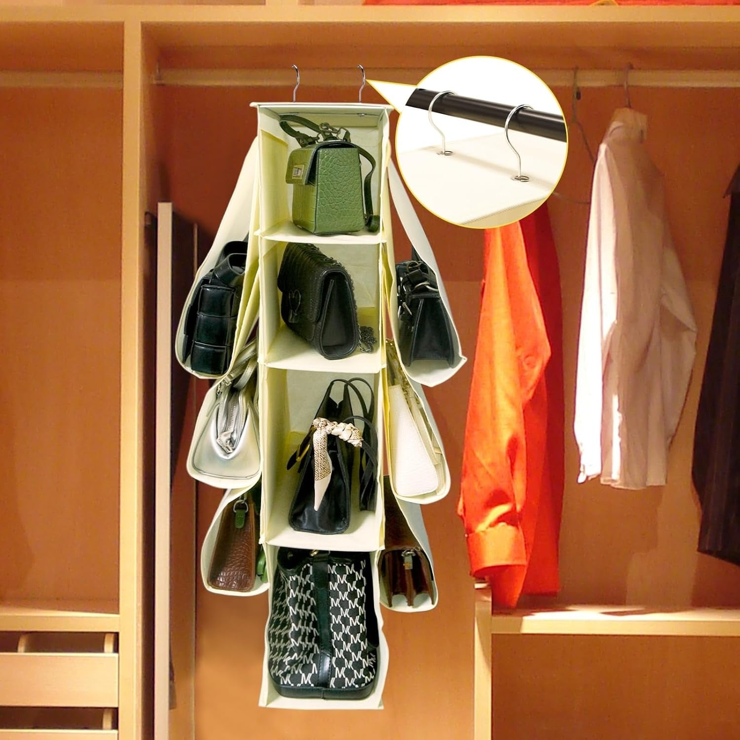 Organizador Armario Ropa, Organizador Bolsos de 18 x 36 x 80 cm, 2 Enganches Metálicos para Colgar, Compartimentos de Gran Capacidad, 4 Compartimentos Centrales, 6 Compartimentos Laterales