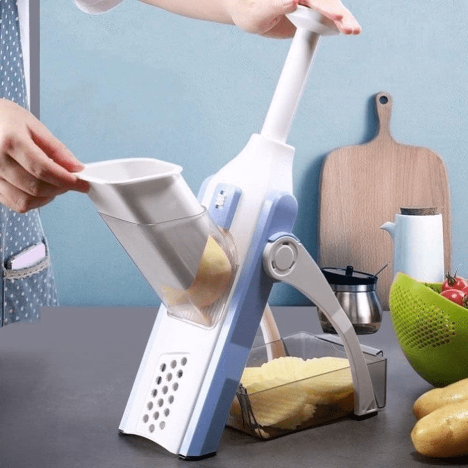 Cortador de Verduras y Patatas, 4 Funciones en 1: Corte en Rodajas, Palitos, Juliana y Cubitos, con Ajuste de Grosor, Cuchillas de Acero Inoxidable, Fácil de Usar y Limpiar, Hecho de Materiales Resistentes, Ahorra Tiempo y Espacio