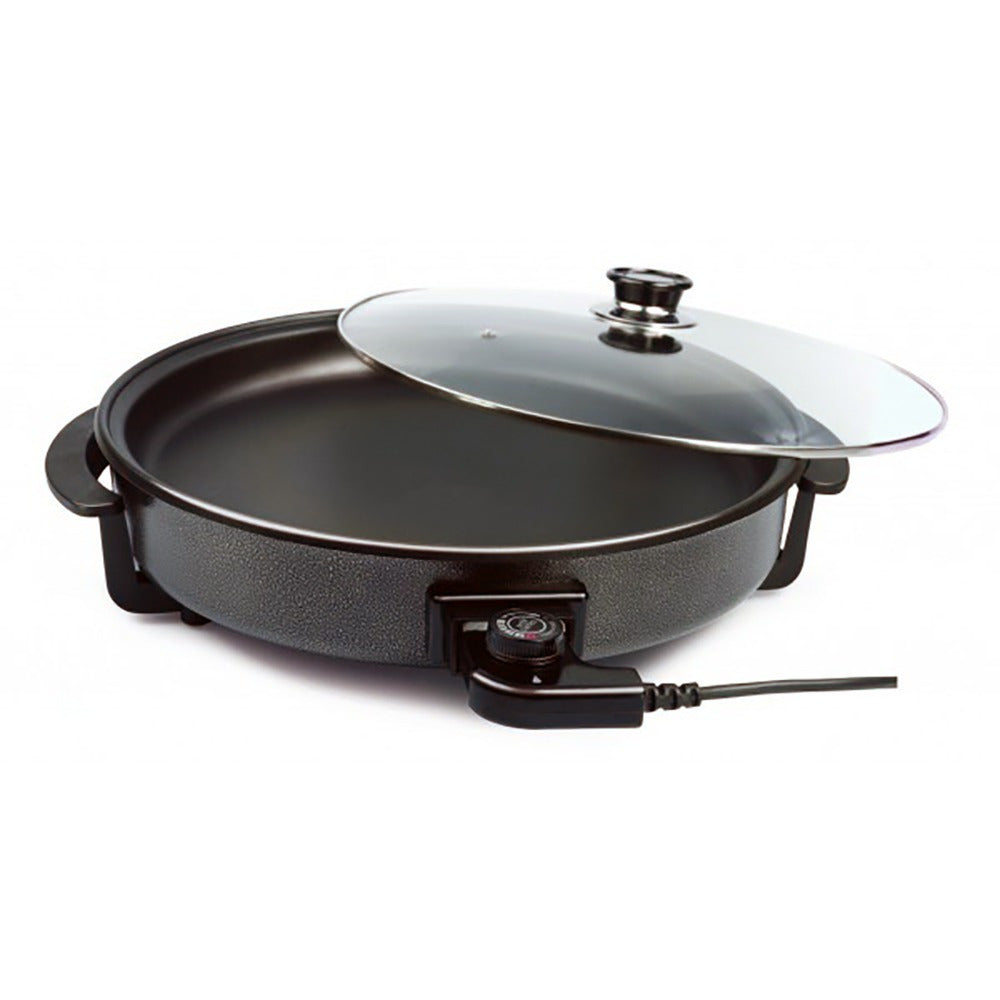 Paellera Eléctrica, Plato de Pizza, Sartén Eléctrica con Tapa de Cristal Templado y Revestimiento Antiadherente, Potencia 1500W, Control de Termostato Ajustable, Asas para Facilitar el Transporte, Fácil de Limpiar