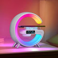 Lámpara Cargador Inalámbrico Multifunción para Smartphone, Altavoz Bluetooth, Reloj Despertador, Simulación de Amanecer y Sonido Natural para Dormir, 9 Modos de Iluminación RGB