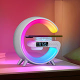 Lámpara Cargador Inalámbrico Multifunción para Smartphone, Altavoz Bluetooth, Reloj Despertador, Simulación de Amanecer y Sonido Natural para Dormir, 9 Modos de Iluminación RGB