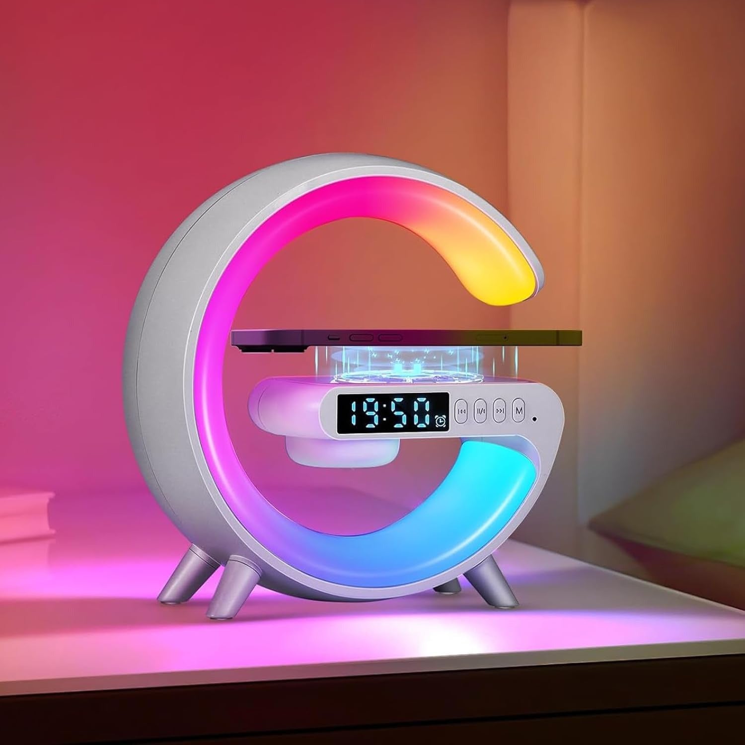 Lámpara Cargador Inalámbrico Multifunción para Smartphone, Altavoz Bluetooth, Reloj Despertador, Simulación de Amanecer y Sonido Natural para Dormir, 9 Modos de Iluminación RGB
