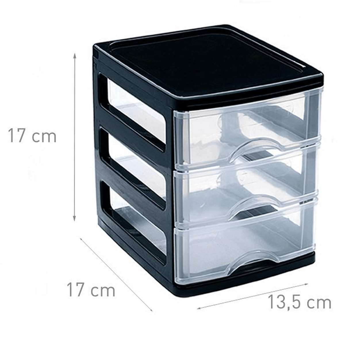 Cajonera Almacenamiento Plástico de Sobremesa, 3 Cajones, Ideal para Ordenar y Organizar el Hogar, Negro, 17 x 17 x 14cm