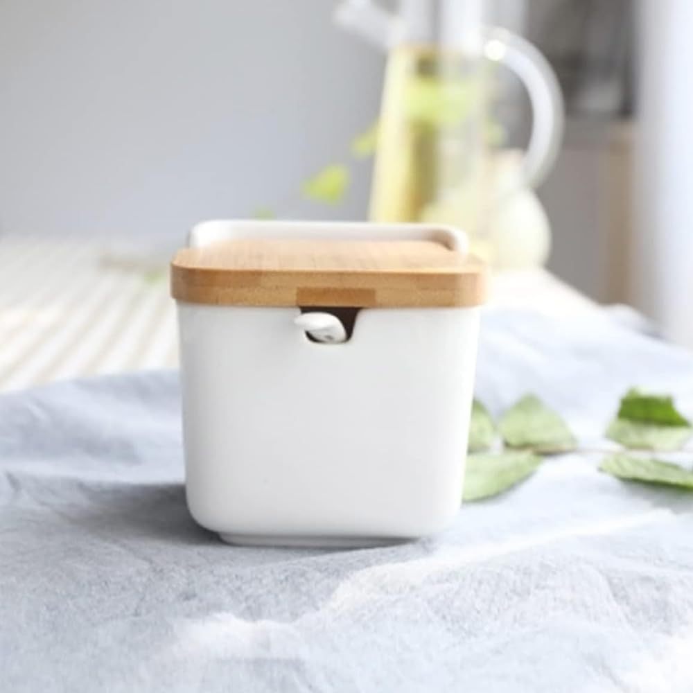 Azucarero Cocina con Tapa, Hecho de Cerámica y Madera, Capacidad de 300ml, Recipiente para Especias y Aliños, Blanco, 9 x 9 x 9 cm