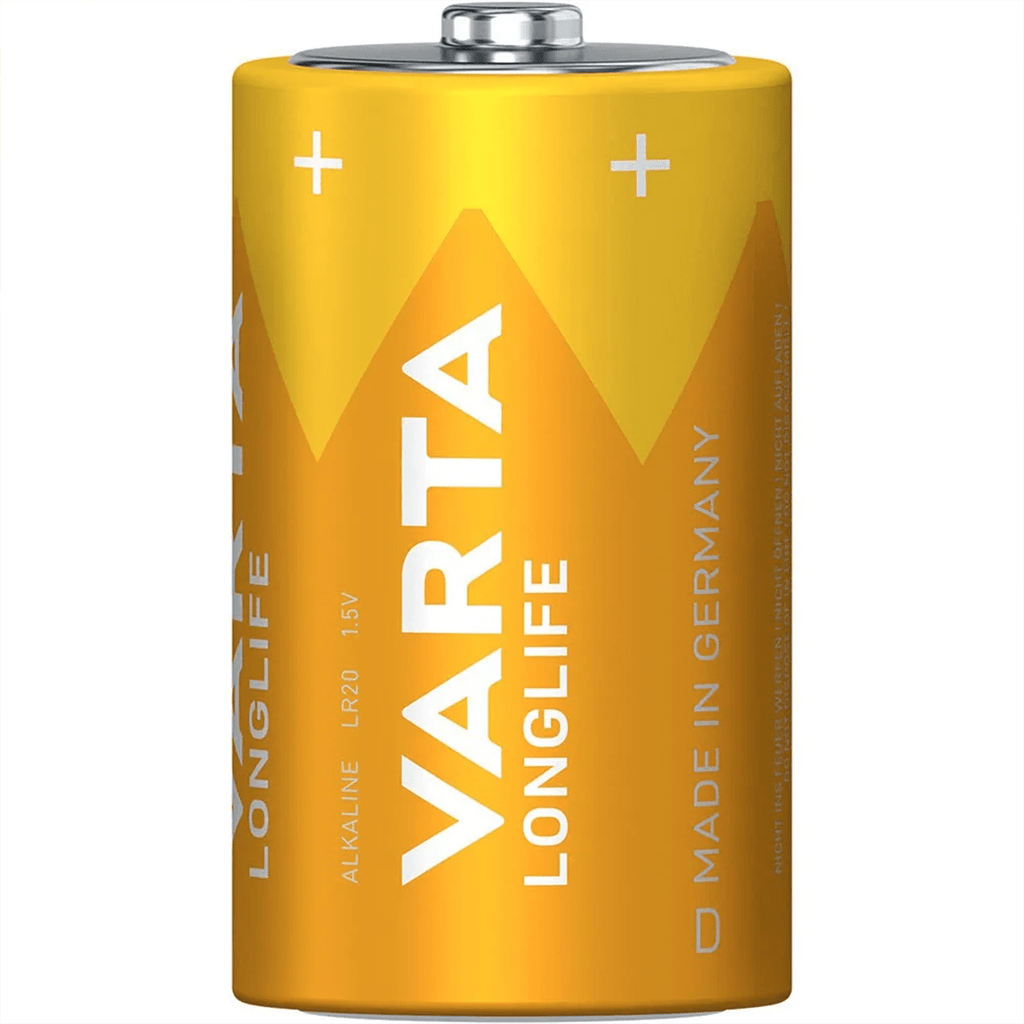 Pilas D Alcalinas de Alto Rendimiento, VARTA Longlife, Ultra Larga Duración, Energía Potente y Continua, Ideal para Linternas de Alto Consumo, Radios Portátiles, Juguetes Grandes, Equipos de Sonido y Dispositivos Industriales - VARTA