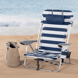 Silla Plegable Playa Reclinable y Resistente. Soporta hasta 110kg. 4 Posiciones, Respaldo Reclinable, Cojín Acolchado, Bolsillo Lateral. Sistema Antivuelco. Hecha de Aluminio y Poliéster. Ideal para Playa, Jardín, Terraza o Camping. 50x45x76cm