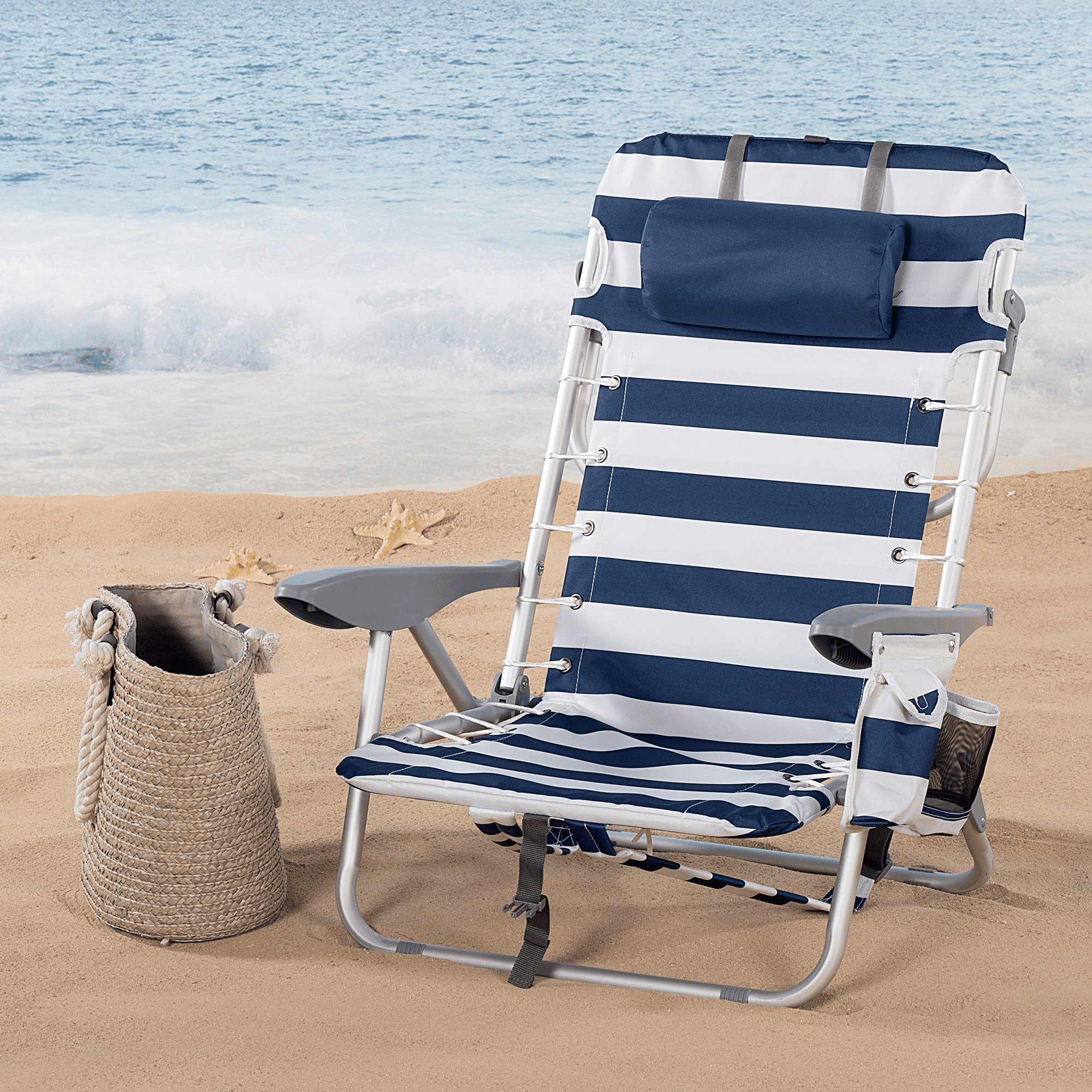 Silla Plegable Playa Reclinable y Resistente. Soporta hasta 110kg. 4 Posiciones, Respaldo Reclinable, Cojín Acolchado, Bolsillo Lateral. Sistema Antivuelco. Hecha de Aluminio y Poliéster. Ideal para Playa, Jardín, Terraza o Camping. 50x45x76cm