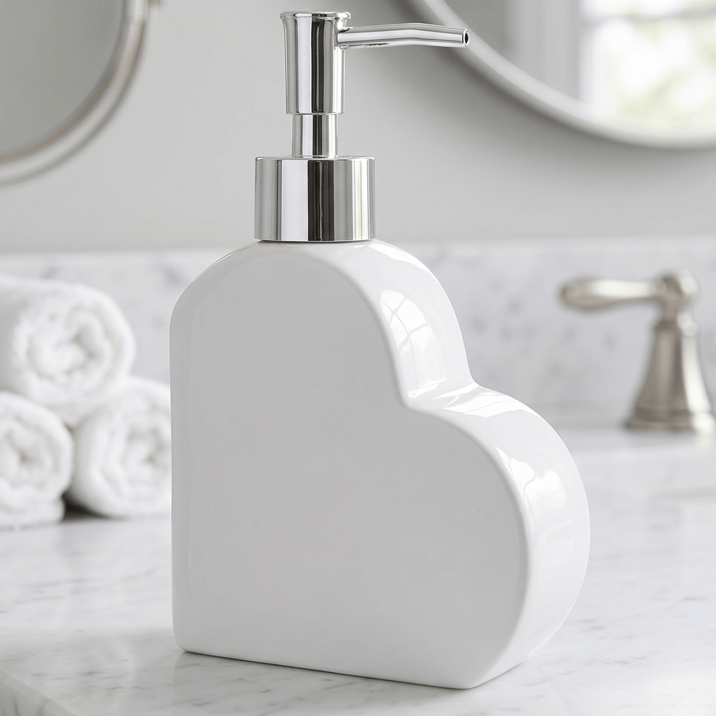 Dispensador Jabón Baño en Forma Corazón, Hecho de Cerámica, Dispensador de Lavado de Manos con Recipiente Rellenable, Ideal para Cocina y Baño, 4.5 x 11 x 17.5cm
