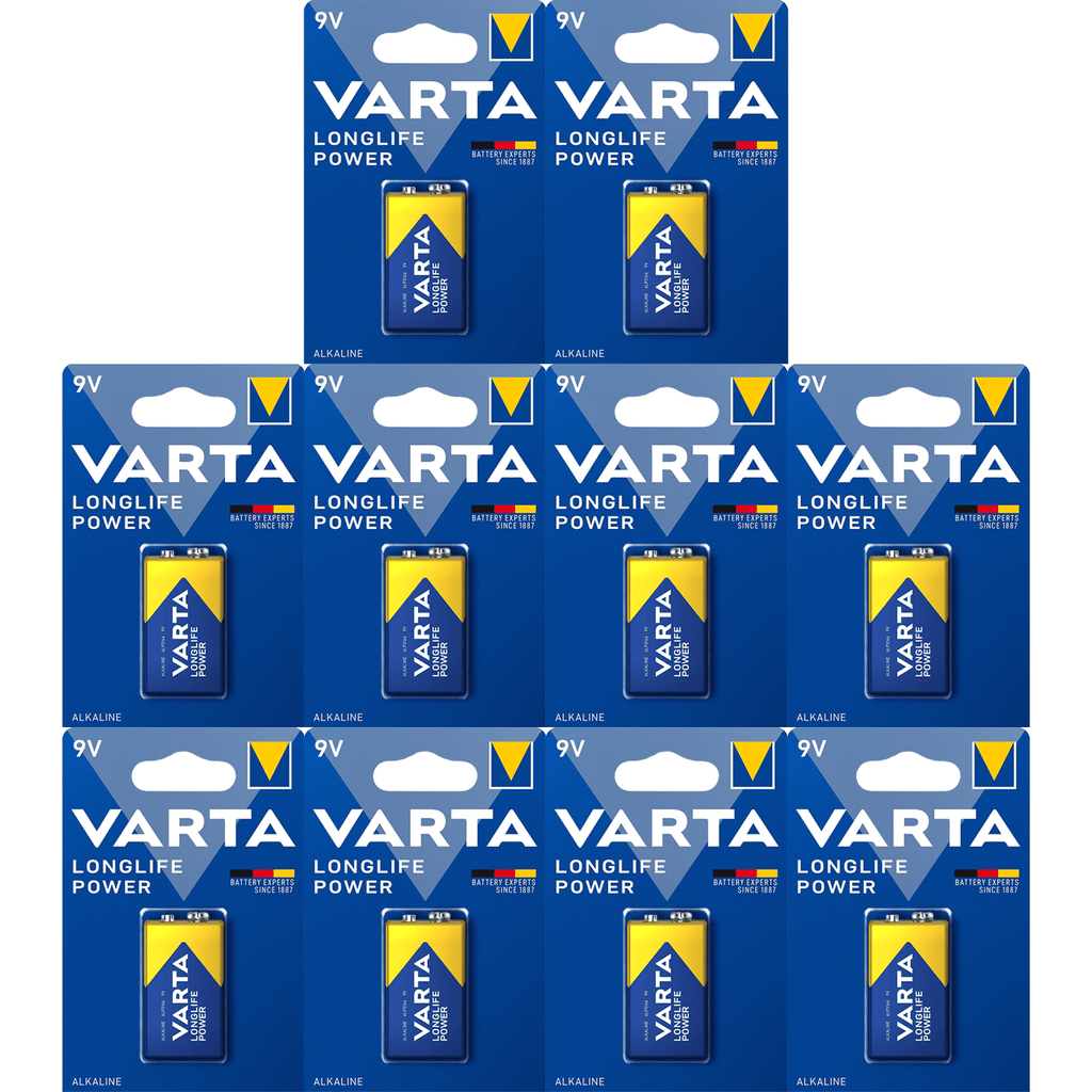 Pilas 9V Alcalinas, Pilas 9v Cuadradas de Alto Rendimiento, VARTA Longlife Power, Ultra Larga Duración, Energía Continua, Ideal para Detectores de Humo, Micrófonos Inalámbricos, Pedales de Guitarra, Multímetros, Electrodomésticos