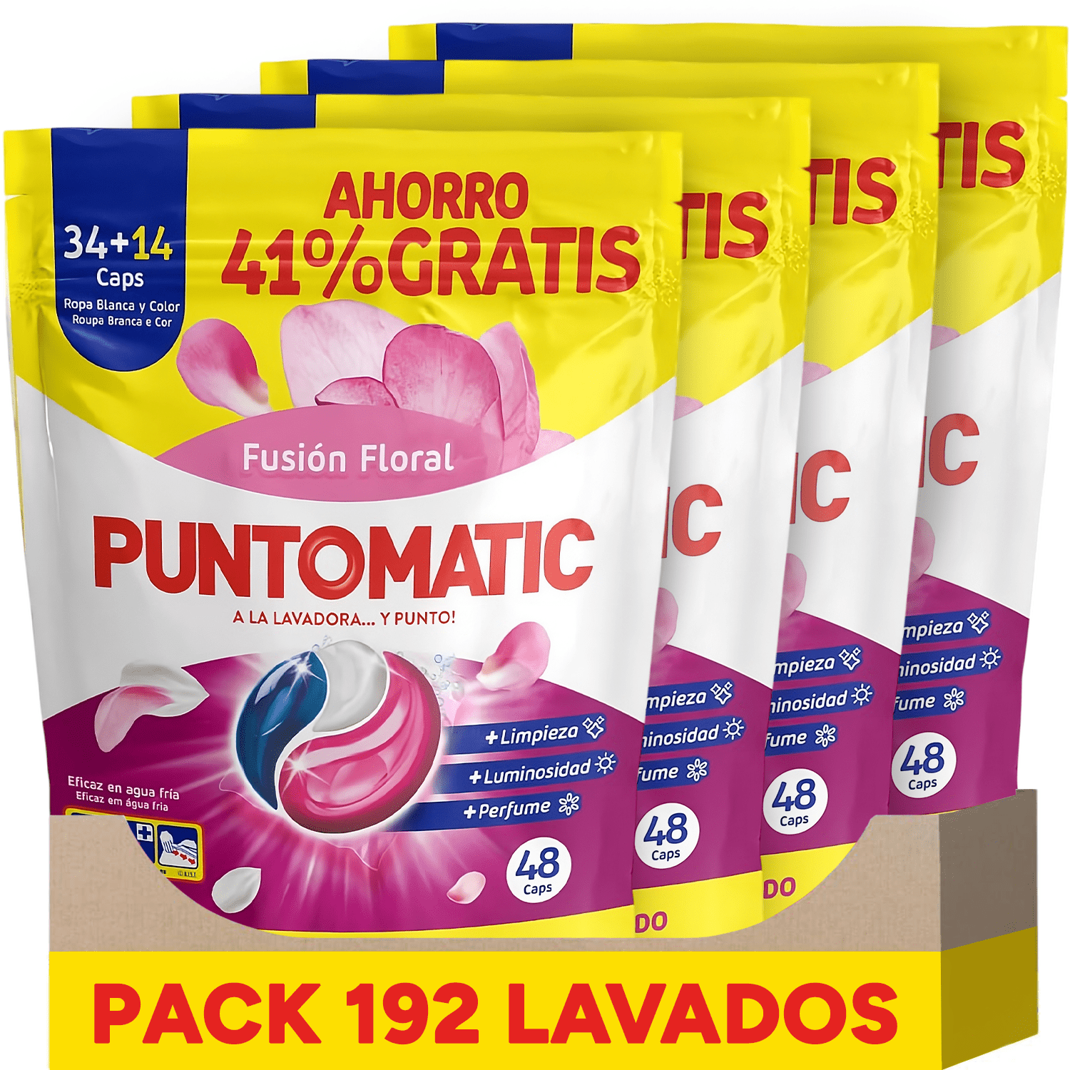 PUNTOMATIC Cápsulas Tricámara Floral, Detergente para Lavadora para Ropa Blanca y de Color, Quitamanchas, 4 Unidades, 192 Lavados en Total