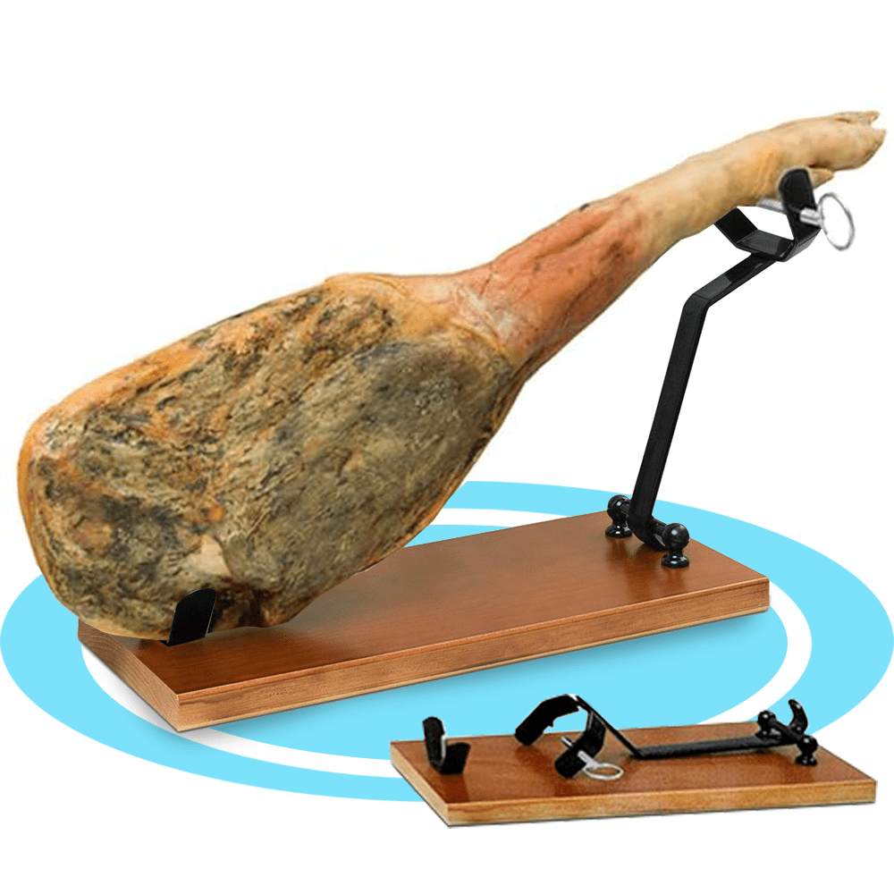 Jamonero Plegable, Jamonero Profesional, Soporte Jamonero de Madera de Pino de Alta Resistencia, Herrajes de Hierro Negro y Pinchos de Acero Inoxidable, Base Antideslizante, Soporte para Jamon, 52 x 16.8 x 29 cm