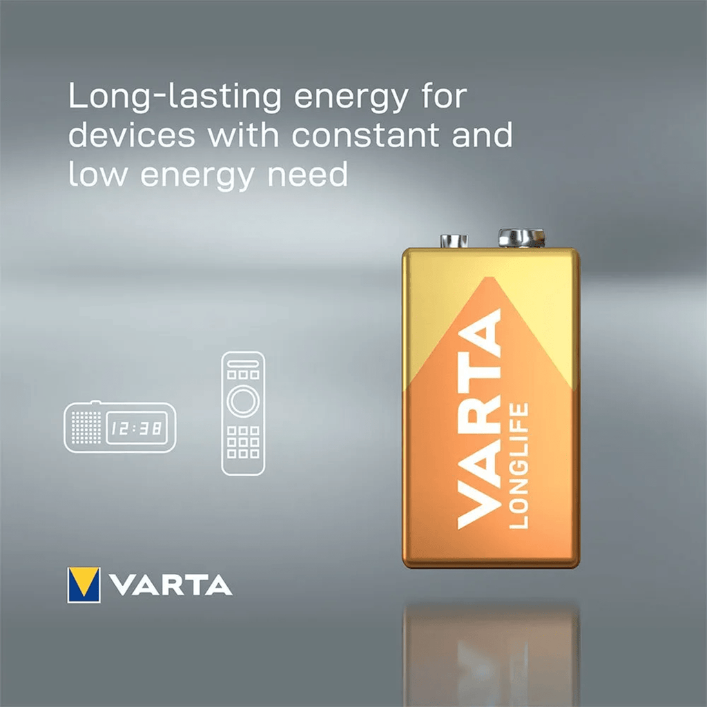 Pilas 9V Alcalinas, Pilas 9v Cuadradas de Alto Rendimiento, VARTA Longlife, Ultra Larga Duración, Energía Continua, Ideal para Detectores de Humo, Micrófonos Inalámbricos, Pedales de Guitarra, Multímetros, Electrodomésticos