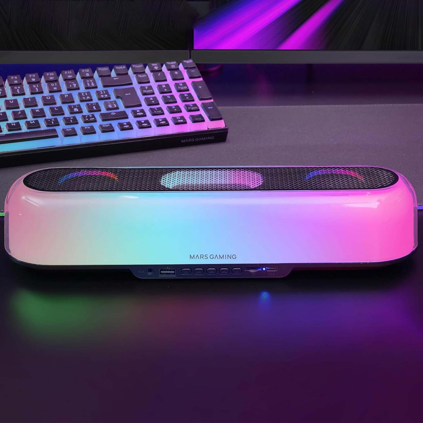 Mars Gaming MSB-Orb, Altavoz Portátil + Barra de Sonido 20W, Iluminación Orbilight RGB 360º, Soundbar con Sistema de Triple Driver, Altavoces Gaming Bluetooth 5.3 / USB/MicroSD/AUX/FM, Negro