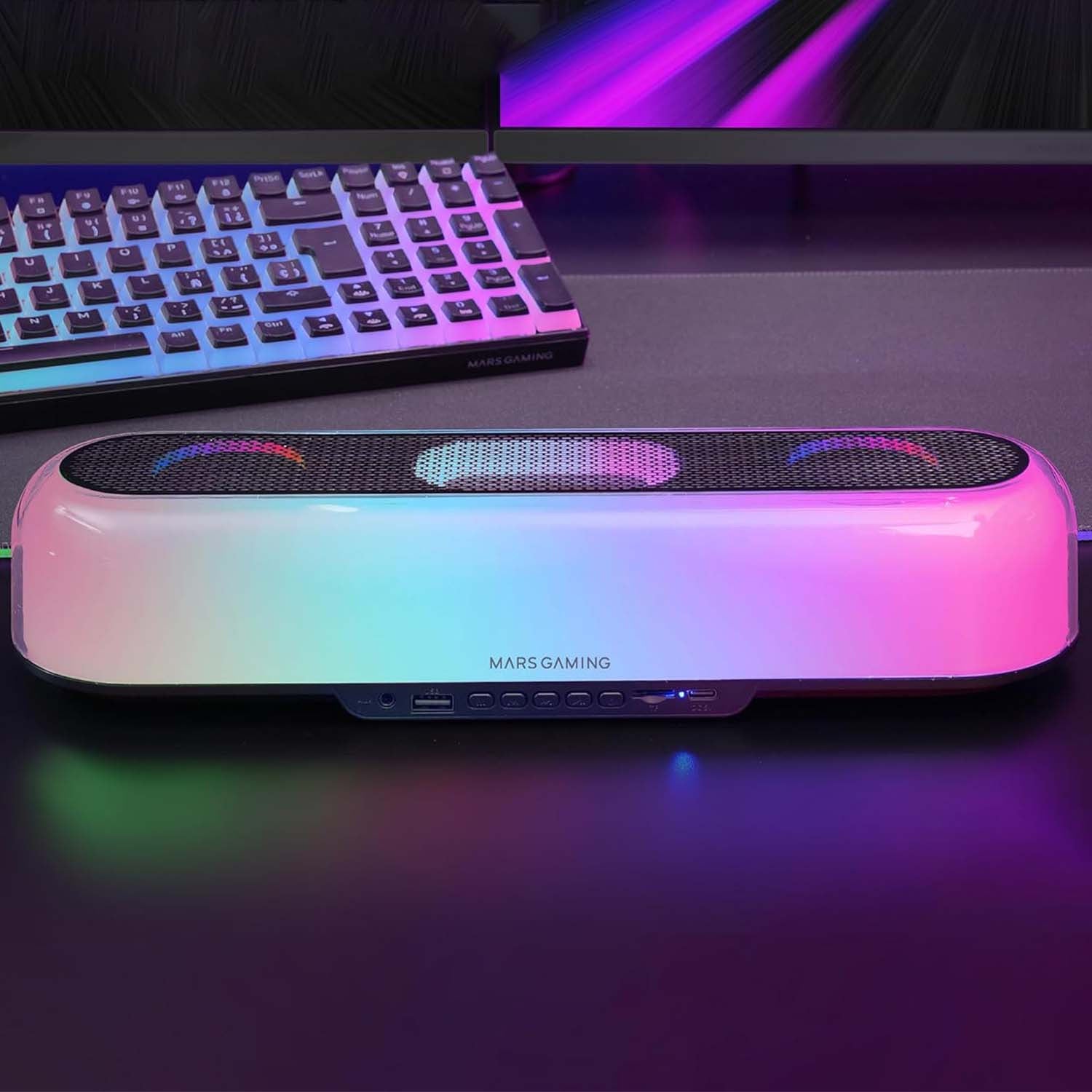 Mars Gaming MSB-Orb, Altavoz Portátil + Barra de Sonido 20W, Iluminación Orbilight RGB 360º, Soundbar con Sistema de Triple Driver, Altavoces Gaming Bluetooth 5.3 / USB/MicroSD/AUX/FM, Negro