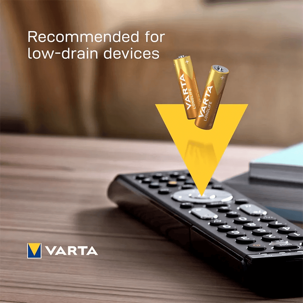 Pilas AA Alcalinas de Alto Rendimiento, VARTA Longlife, Ultra Larga Duración, Energía Continua, Ideal para Controles Remotos, Juguetes Electrónicos, Linternas, Lámparas, Relojes, Cámaras y Otros Dispositivos de Uso Diario - VARTA