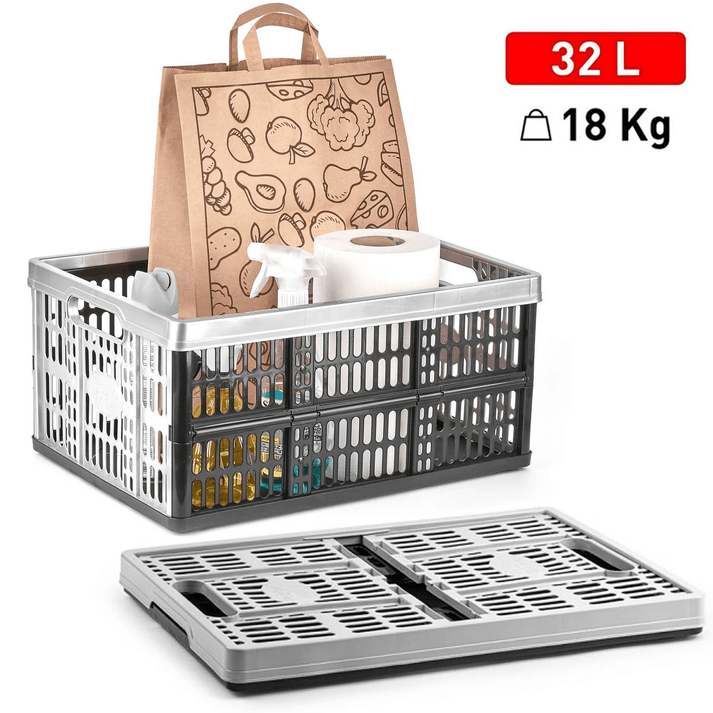 Caja Plegable de 32 Litros de Capacidad, Caja Almacenamiento Plástico Resistente y Robusta, 2 Asas Laterales para Facilitar el Transporte, Perfecta para Llevar en el Maletero del Coche, Medida sin Plegar 48 x 35 x 23 cm, Medida Plegada 48 x 35 x 4 cm