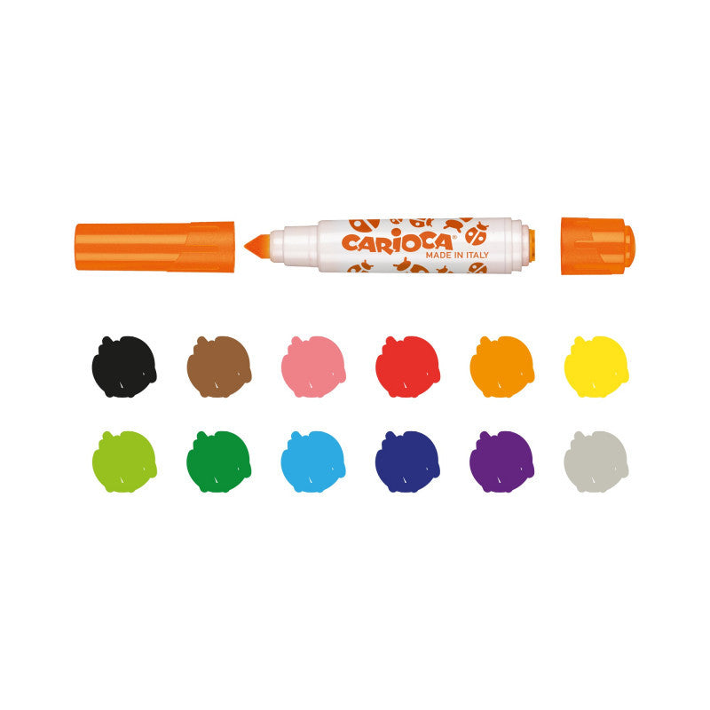 CARIOCA Rotuladores de Colores con Sello 2 en 1, Doble Trazo, Sellos Divertidos y Coloridos, Paquete de 12 Rotuladores