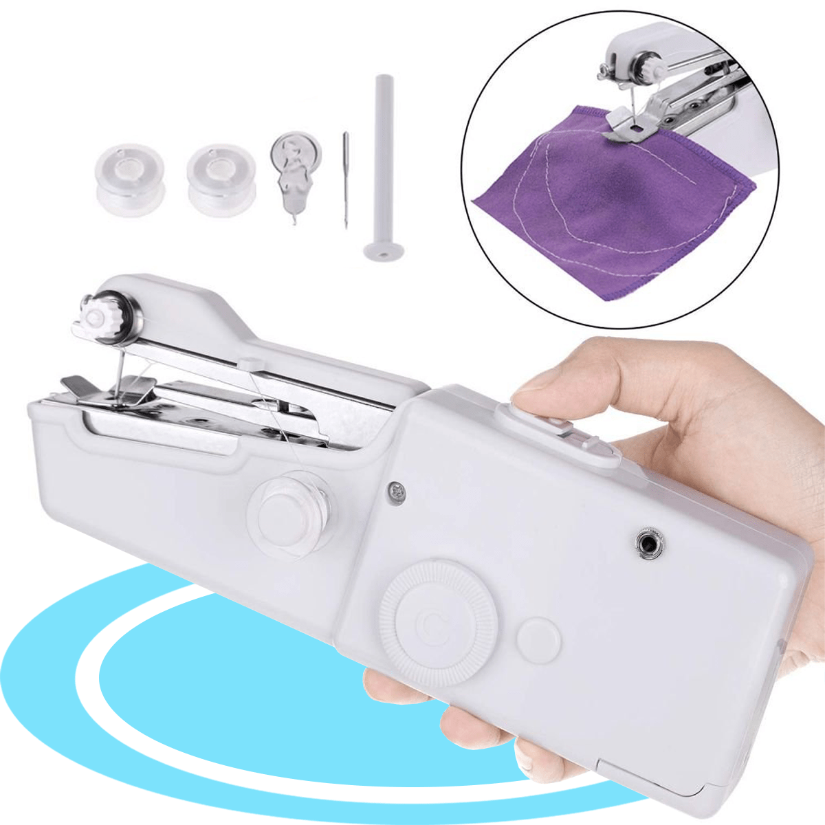 Máquina de Coser Portátil a Mano, Rápida y Fiable, Fácil de Usar y Transportar, 4 pilas AAA, Apto para Todos los Tejidos, Ideal para Reparaciones Rápidas, Contenido: 1 Aguja, 1 Eje, 1 Enhebador de Aguja, 2 Ejes de Soporte para Hilo
