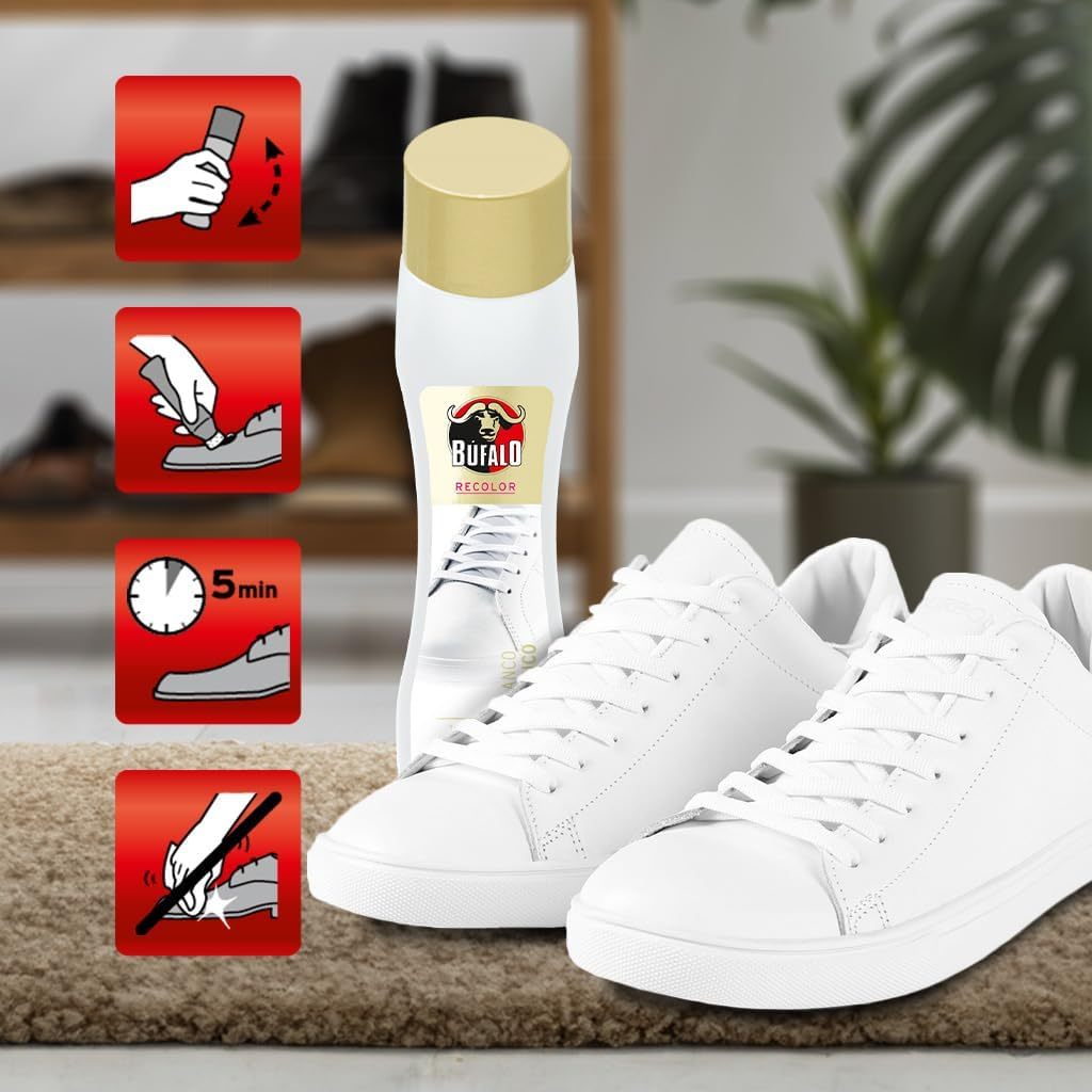 Búfalo Crema para Zapatos Autobrillante Color Blanco, Formulada con Aceite Natural de Almendras, Cuidado del Calzado y Color, Brillo Intenso Inmediato, Frasco de 50ml