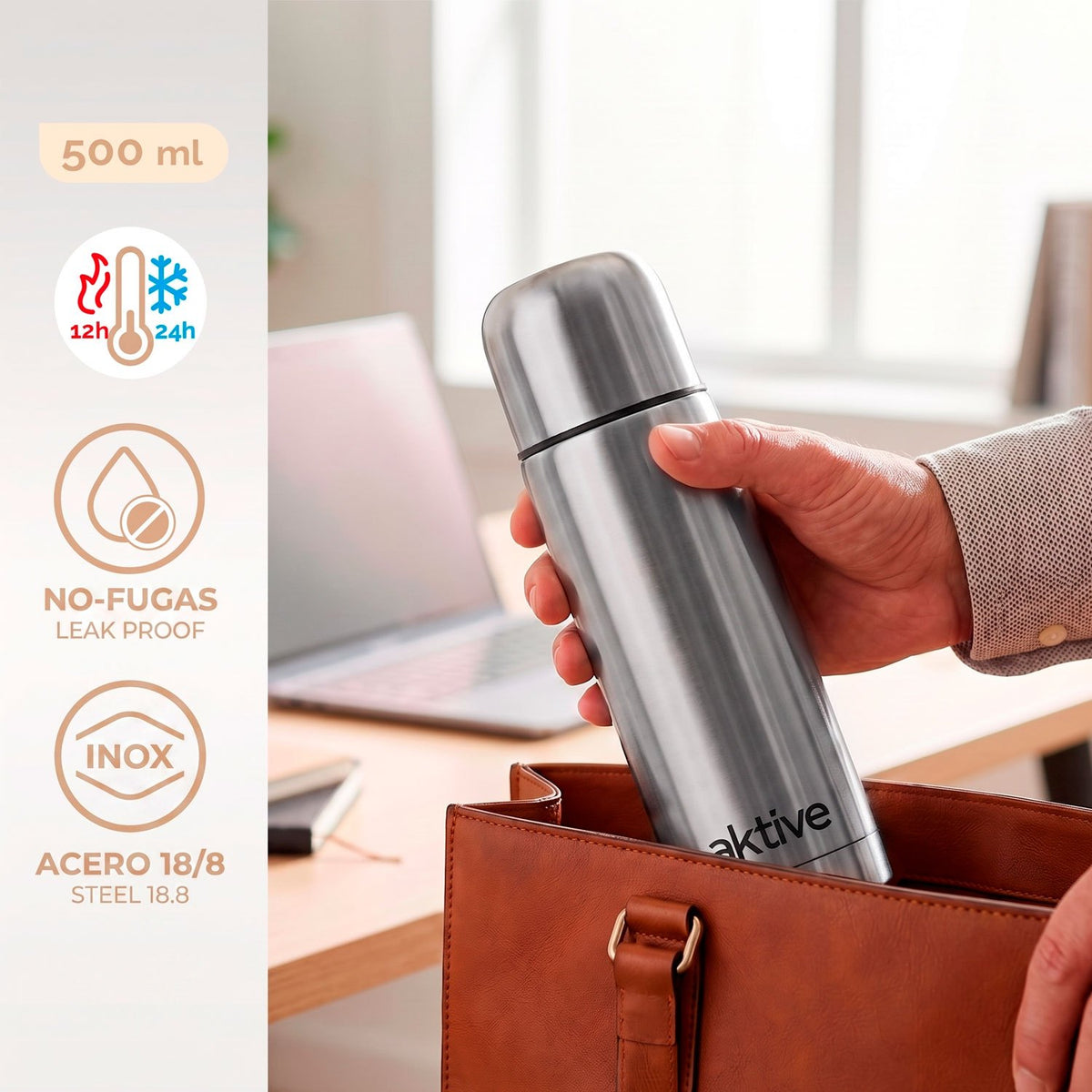 AKTIVE Botella Térmica de Acero Inoxidable con Doble Aislamiento, Mantiene Bebidas Calientes o Frías por 24 Horas, Tapa Antifugas, 500 ml, Plateado