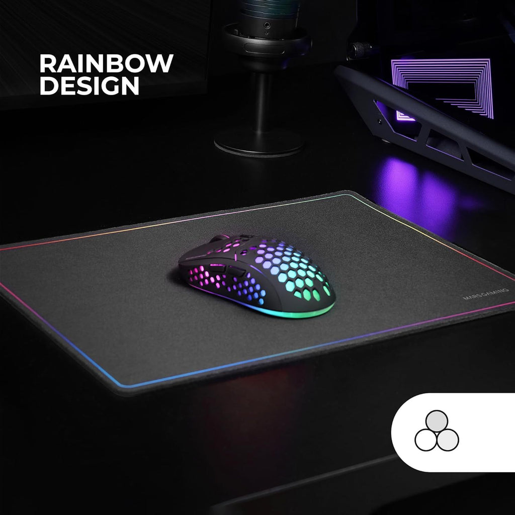 Mars Gaming MMP124, Alfombrilla Gaming 360x260mm, Diseño de Bordes Rainbow, Base Antideslizante de Caucho Natural, Superficie Nanotextil de Alta Precisión, Alfombrilla de Ratón Flexible, Negro