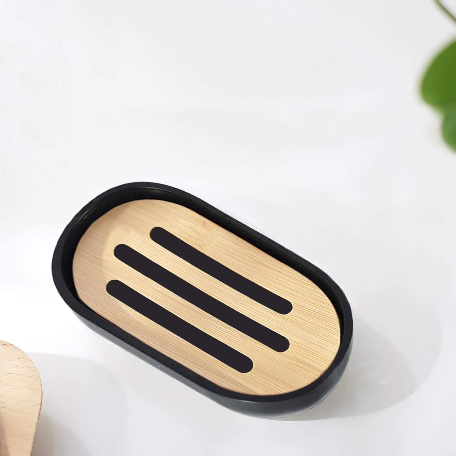 Set de Baño Completo, Conjunto Accesorios Baño Diseño Moderno y Elegante, Incluye Soporte para Cepillos de Dientes, Dispensador de Jabón Líquido, Vaso, Jabonera y Escobilla de Baño, Color Negro, Fabricado en Plastico Resistente y Bambú