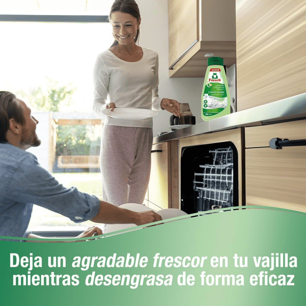 Frosch Lavavajillas Líquido para Máquina, Todo en 1 con Limón Verde, Limpieza y Brillo, Sin Microplásticos, 40 Dosis, Pack de 8 Unidades de 650 ml, 5.2 L en Total