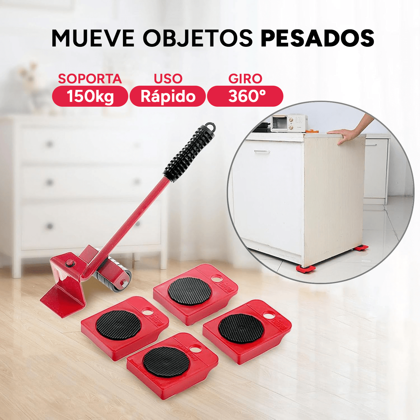 Elevador Muebles, Kit 5 Piezas, Alta Resistencia, Soporta hasta 150Kg, Sin Esfuerzo, Rapidez, Giro de 360º, Ideal para Mover Refrigeradores, Armarios, Neveras, Sofás y cualquier mueble pesado
