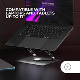 Mars Gaming MA-RSN, Soporte para Portátiles y Tablets hasta 17", Ajuste en Altura + Inclinación + Rotación 360º, Stand Estructura Acero, Almohadillas Antideslizantes, Diseño Plegable Portátil, Negro