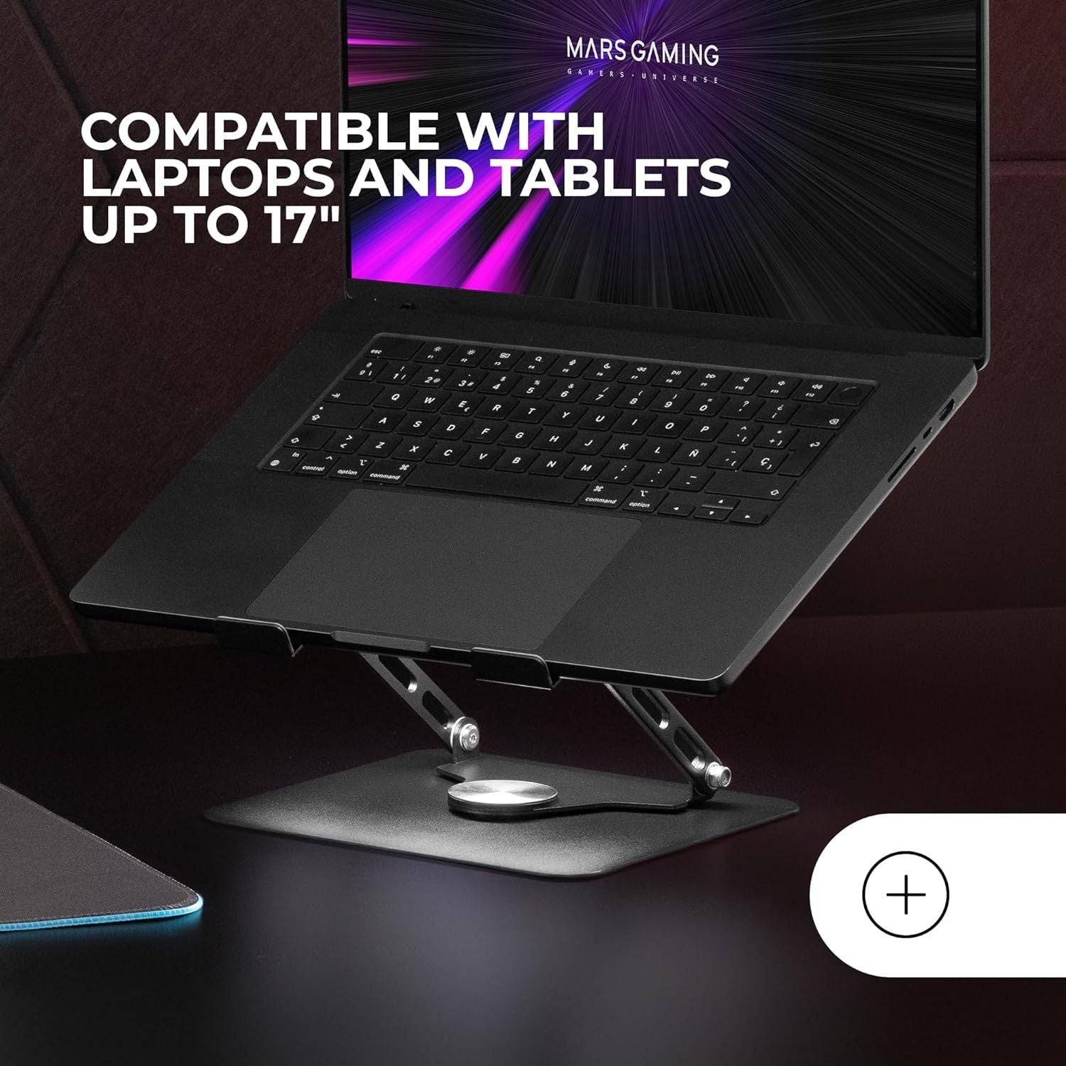 Mars Gaming MA-RSN, Soporte para Portátiles y Tablets hasta 17", Ajuste en Altura + Inclinación + Rotación 360º, Stand Estructura Acero, Almohadillas Antideslizantes, Diseño Plegable Portátil, Negro