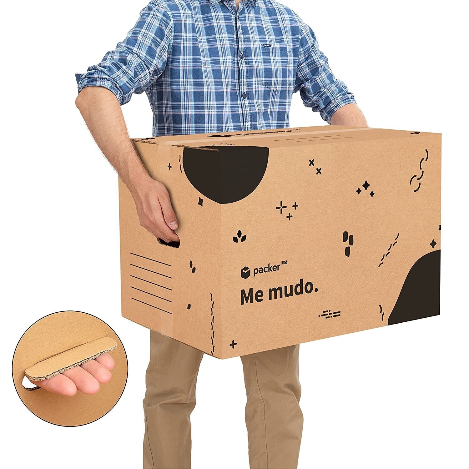 packer PRO Caja Cartón para Mudanzas y Almacenaje Ultra Resistentes con Asas, Cartón Resistente de Máxima Durabilidad, Tamaño Ideal para Mudanzas y Almacenaje de Libros, Objetos y Ropa, Asas Laterales para Manejo Fácil y Seguro