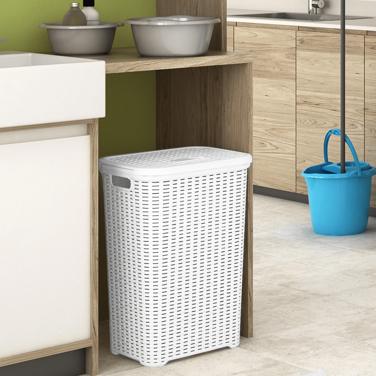 Pongotodo para Ropa Sucia con Tapa, Cesta Grande para Ropa Sucia, Cesta de Almacenamiento para Ropa Sucia para Baño, Cesta de Lavandería, Fabricado en Plástico y con Diseño Elegante, Capacidad de 60L, Asas Laterales para Mayor Comodidad, 43 x 35,5 x 62 cm
