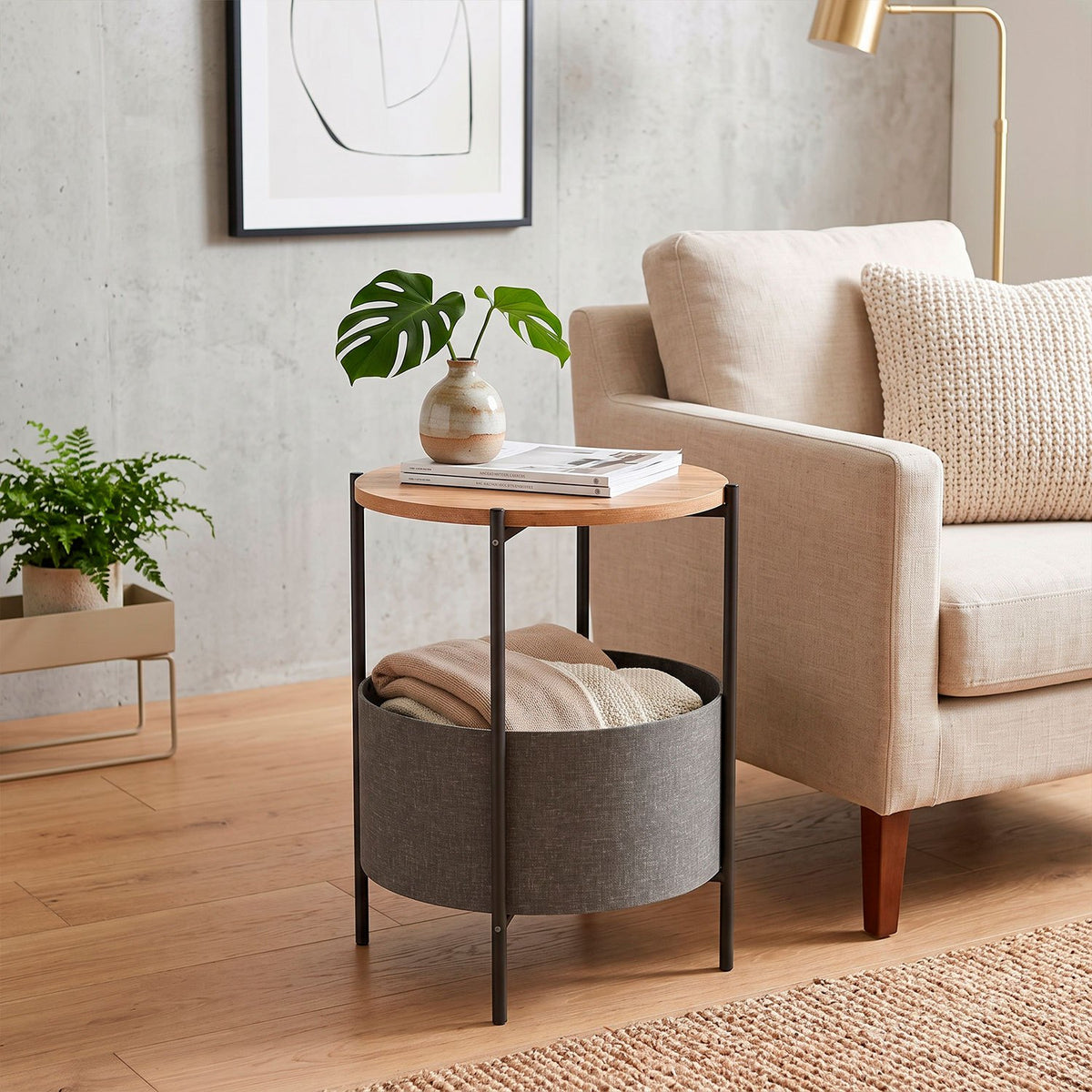 Mesa Auxiliar con Revistero, Mesa de Centro para Salón y Sala de Estar, Diseño Redondo con Espacio de Almacenamiento y Acabado Efecto Madera, 43 x 43 x 60 cm