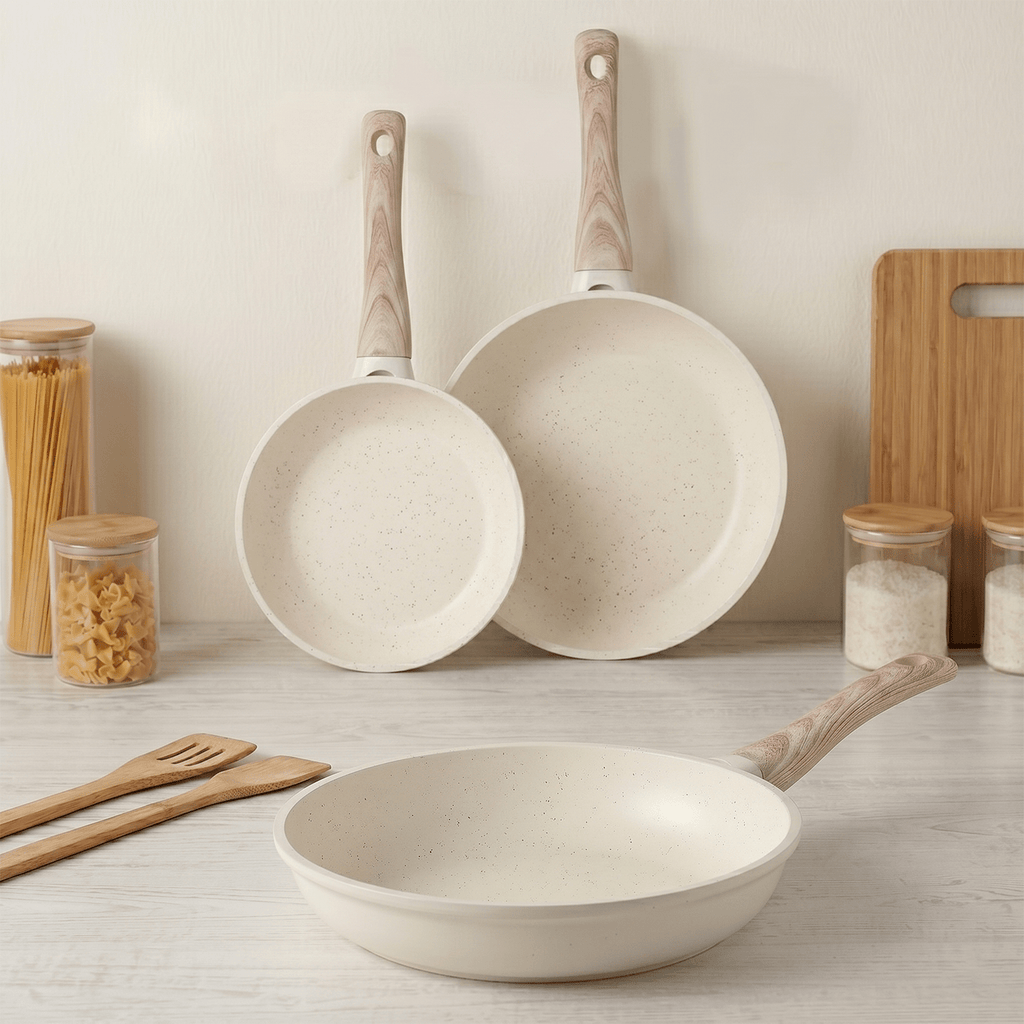 Set 3 Sartenes Cocina Antiadherente, Sartenes de Aluminio de Alta Resistencia con Revestimiento Antiadherente efecto Mármol Blanco, Base de Inducción y Mangos de Baquelita Estilo Madera, Ø20/Ø24/Ø28cm