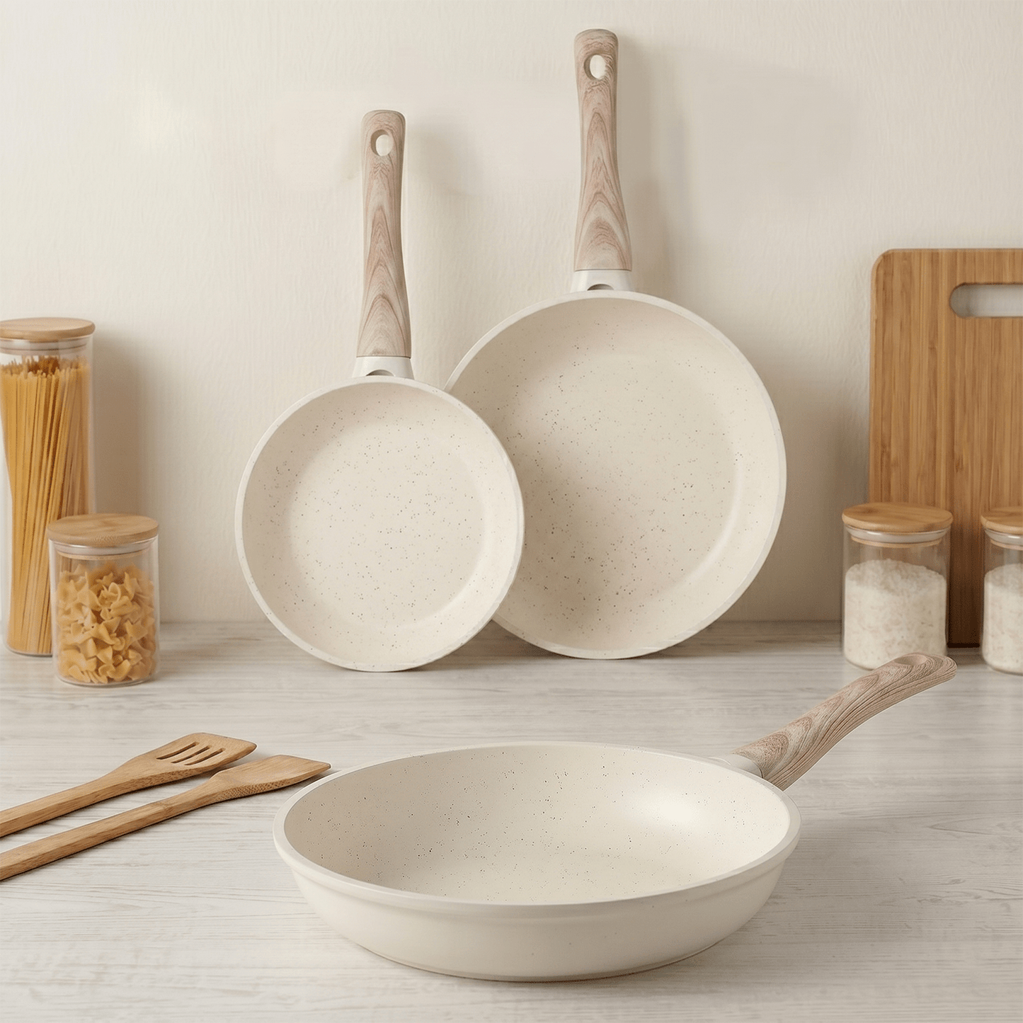 Set 3 Sartenes Cocina Antiadherente, Sartenes de Aluminio de Alta Resistencia con Revestimiento Antiadherente efecto Mármol Blanco, Base de Inducción y Mangos de Baquelita Estilo Madera, Ø20/Ø24/Ø28cm
