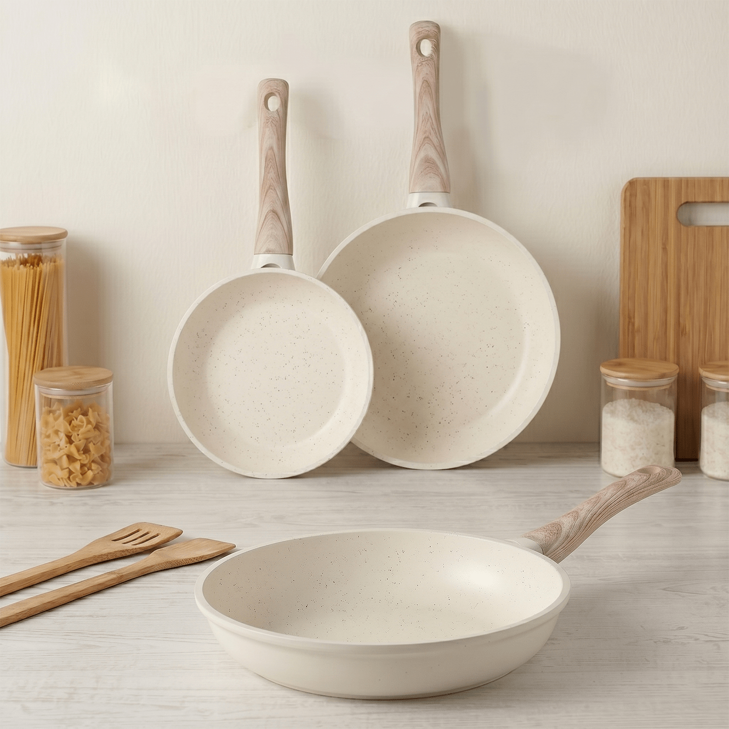 Set 3 Sartenes Cocina Antiadherente, Sartenes de Aluminio de Alta Resistencia con Revestimiento Antiadherente efecto Mármol Blanco, Base de Inducción y Mangos de Baquelita Estilo Madera, Ø20/Ø24/Ø28cm