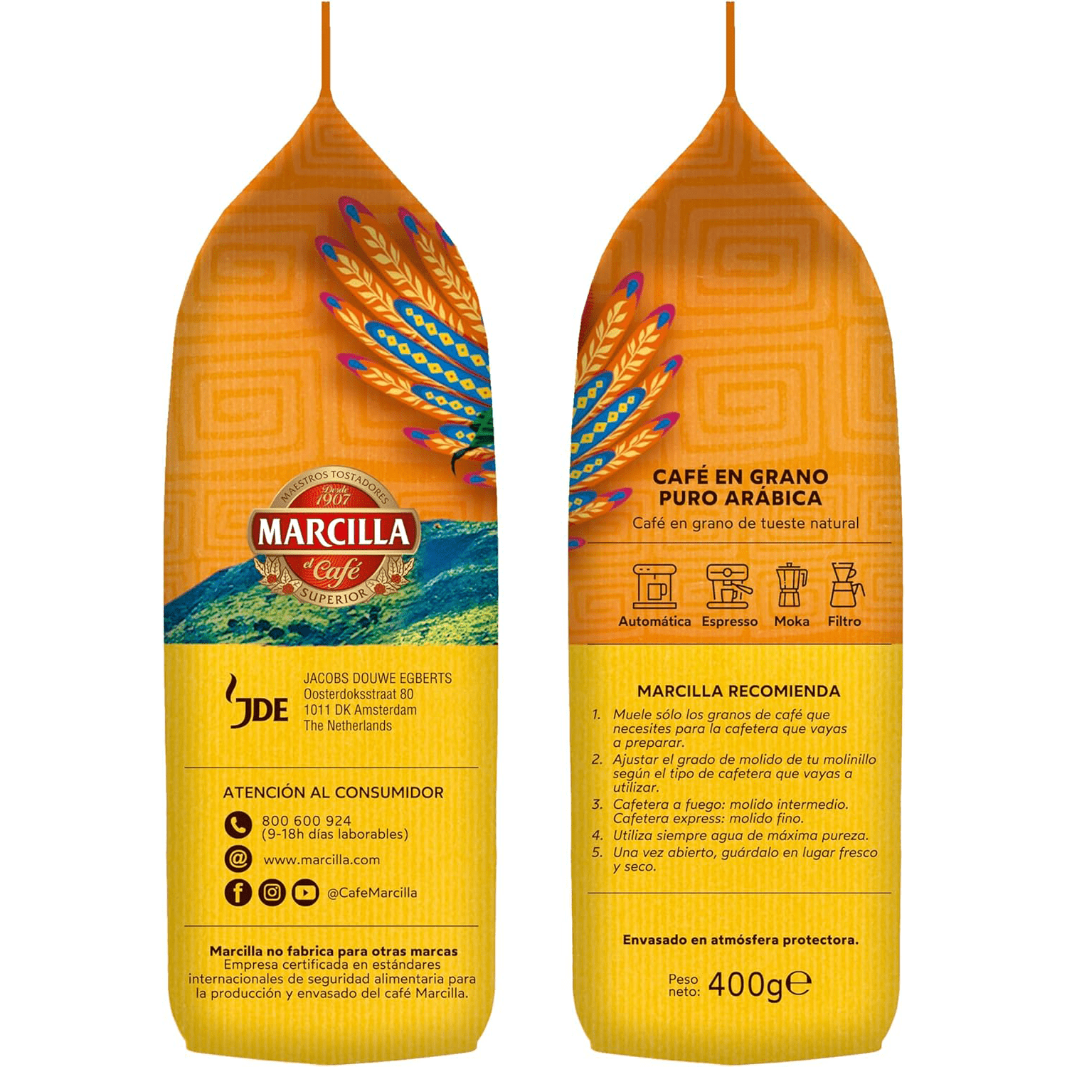 Marcilla Café Grano Puro Arábica Sudamérica Brasil & Colombia, Intensidad y Tostado Medio, Gran Aroma, Dulce, Vibrante y con Notas a Caramelo, Café en Grano Listo para ser Molido, 400g x 2 (800g)