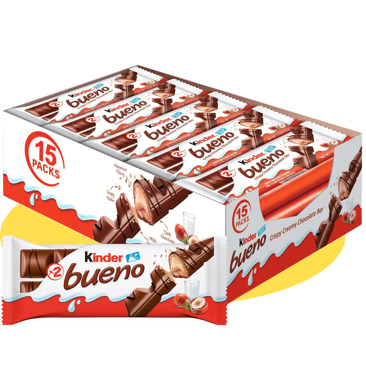 Kinder Bueno, Barritas de Chocolate y Crema de Avellanas, 15/30 Paquetes de 43g