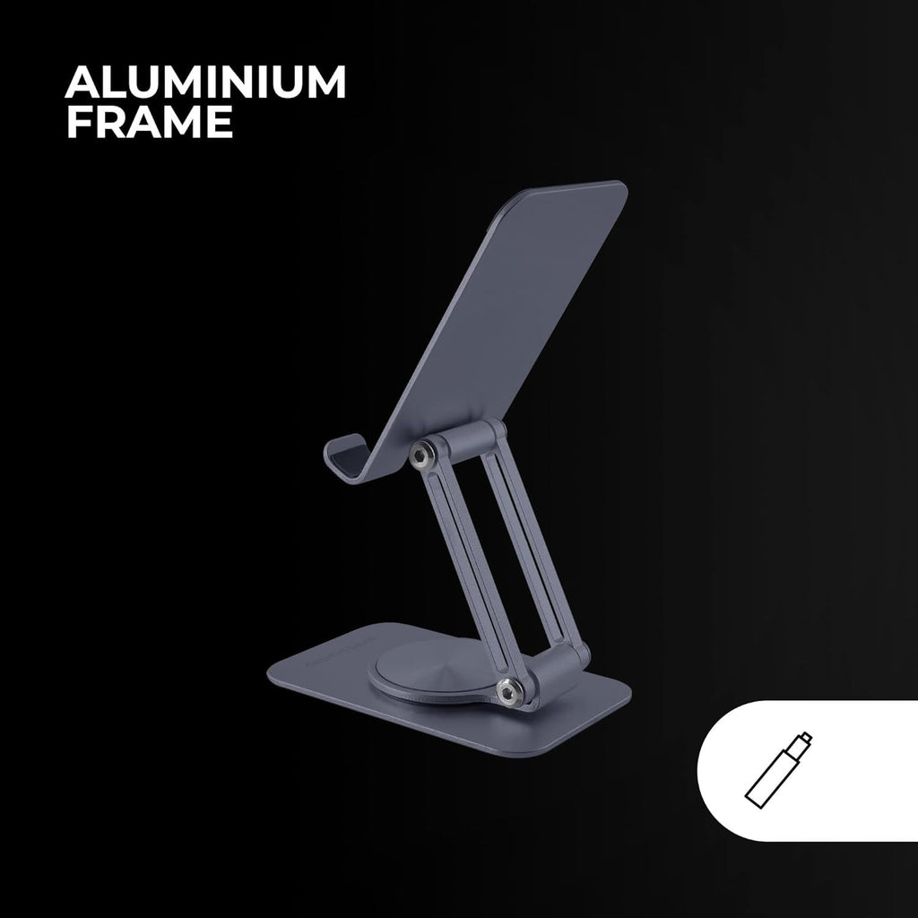 Mars Gaming MA-RSS, Soporte Plegable para Smartphone, Rotación Dinámica 360º + Ajuste en Altura y Ángulo 180º, Soporte Teléfono Móvil Portátil de Aluminio, Antideslizante, Gris Oscuro