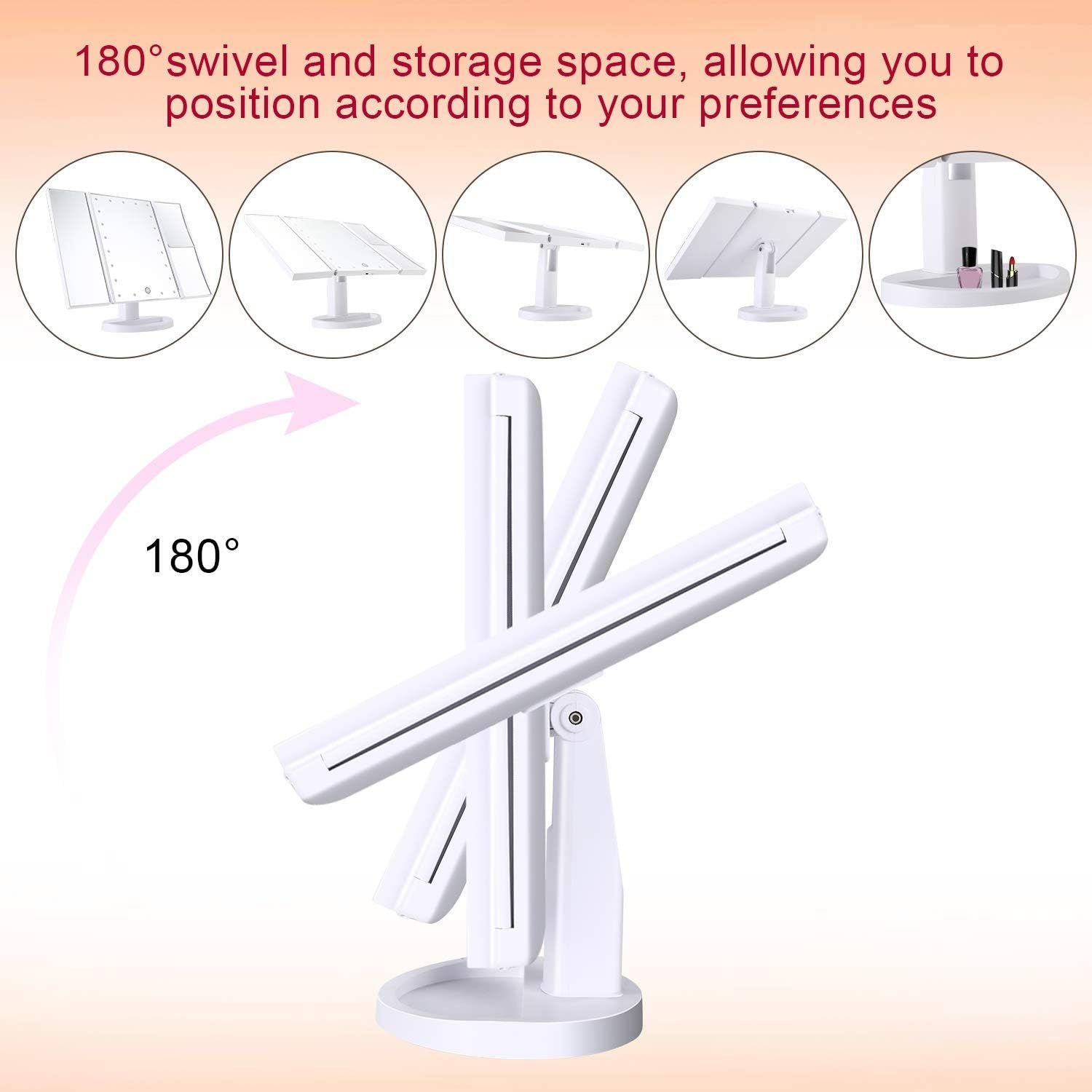 Espejo Maquillaje, 4 Espejos con diversos Aumentos de 1X, 2X y 3X, Soporte Giratorio de 180º, Diseño Compacto ideal para Llevar a cualquier Lugar, Resistente y Pensado para Uso Diario