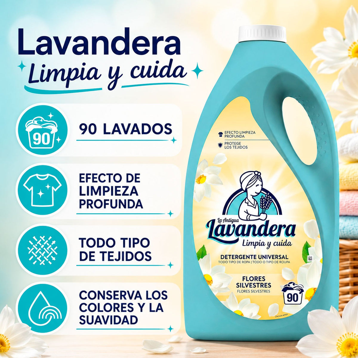 La Antigua Lavandera Detergente Líquido Flores Silvestres, para Lavar y Cuidar la Ropa Blanca y de Color, Ayuda a Eliminar la Suciedad y Deja un Fresco Aroma Floral Duradero, 90 Lavados
