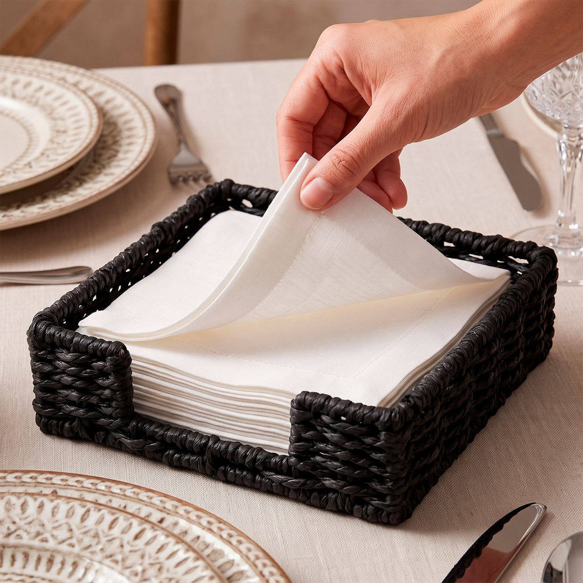 Servilletero de Mesa Tejido, para Organizar Servilletas en Cocina y Comedor, Diseño Decorativo de Estilo Natural, Color Negro, 18 x 18 x 5 cm