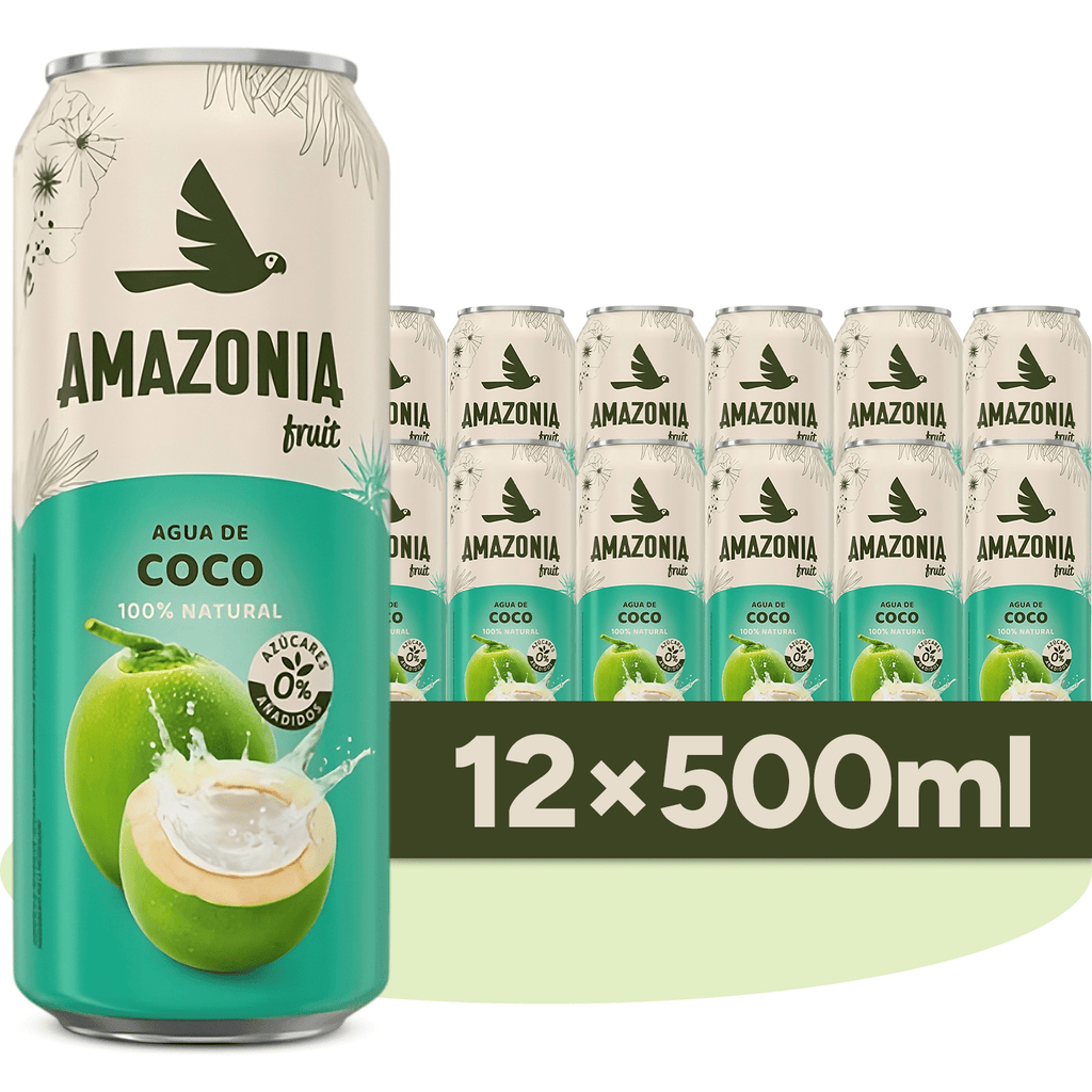 Amazonia Fruit Agua de Coco 100% Natural 12 Latas de 500 ml, 0% Azúcares Añadidos