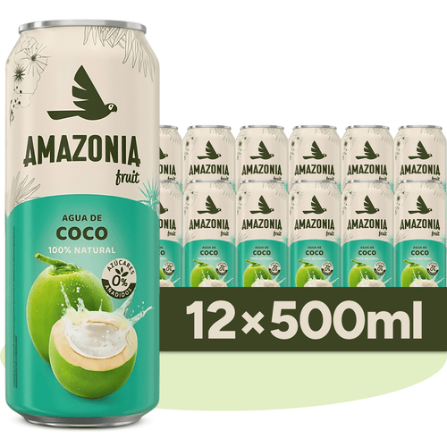 Amazonia Fruit Agua de Coco 100% Natural 12 Latas de 500 ml, 0% Azúcares Añadidos